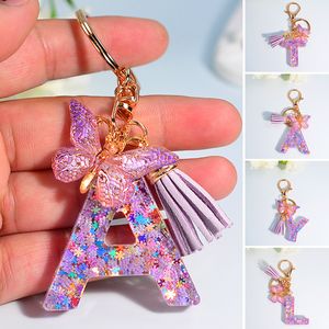 Keychains Lanyards A till Z Purple Snowflakes Filled Letter Keychain Women Wallet Charms 26 Initialer Alfabetet Butterfly Tassel Pendant med nyckelringar 230831