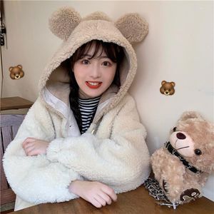 Women's Trench Coats Soft Girl Loose Cute Bear Ears Hooded Furry Sweater Lamb Plush Coat Female Winter 2023