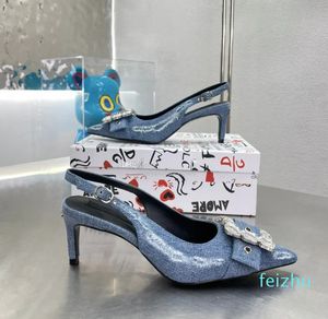 Denim Slingbacks Vestido Sapatos Bombas Cristal Embelezado Jeans Apontou Toe Sandálias Stiletto Heel Mulheres Designers de Luxo Sapatos de Noite Calçado de Fábrica