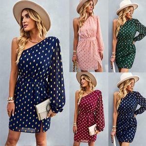 Casual Dresses Diagonal Collar Bronzing Print Autumn Party Short Chiffon Dress Navy Women Winter Sexig One Shoulder Club Vestidos