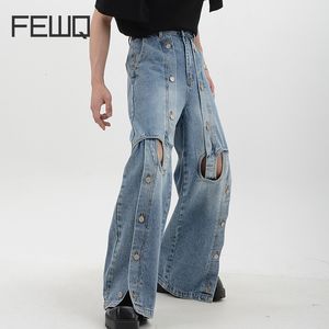 Mens Jeans Fewq Desconstruído Metal Botão Design Perna Larga Homens Oco Out Solto Calças Retas Calças Masculinas Vintage 230831