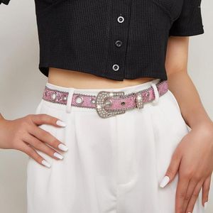 Belts Women Faux Leather Belt Stylish Vintage Rhinestone Cowgirl Multi-hole Alloy Buckle Waist For Women's