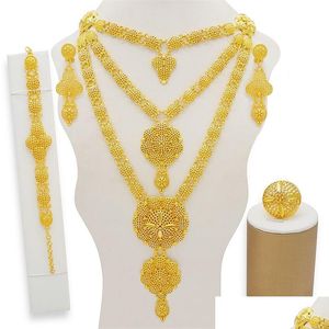 Smyckesinställningar Dubai Set Gold Necklace Earring Set för kvinnor African France Party 24K Jewellery Etiopien Bridal Gifts 201 Drop Deliv Dhghu