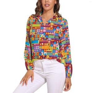 Kadın Bluzları 70'ler Modern Sanat Baskı Bluz Retro Renk Blokları Serin Tasarım Kadın Klasik Gömlek Yaz Uzun Kollu Büyük Boy Giysiler