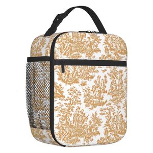 KühlakkusIsotherme Taschen Toile De Jouy Thermoisolierte Lunchtasche Damen Französisches Motiv Hellbraun und Weiß Tragbarer Behälter für die Schule Lebensmittelbox 230830