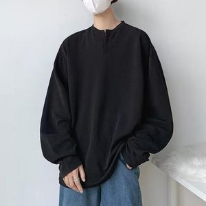 Herrtröjor män pullover skjorta v-hals långärmad tröja fast färg andas lös tröja hösten vår baggy toppar