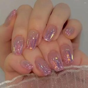 Falsas unhas 24 pcs longa bailarina francês aurora gradiente falso glitter cobertura completa imprensa em diy dicas de unhas destacáveis