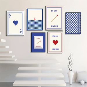 Dipinto su tela Ace Hearts Match Estetica minimalista retrò Poster Stampa Immagini di arte della parete per soggiorno Camera da letto Sala giochi Decor Senza cornice Wo6