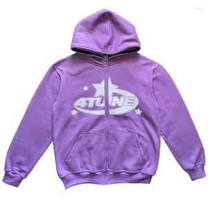 Erkek Hoodies Yıldız Mektup Baskı Vintage Fermuar Uzun Kollu Gevşek Kazak Ceket Harajuku Gündelik Kapüşonlu Sweatshirt Y2K Sokak Giyim