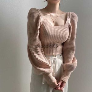 Kadın Sweaters Örme Kadınlar Pembe Sweater Vintage Pullover Sevimli Uzun Kollu Kare Boyun Kore Moda Tarzı Sonbahar Kış 2022 Giyim HKD230831