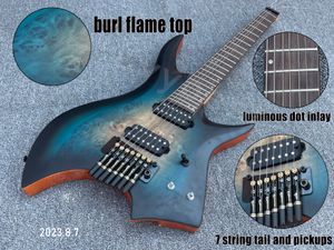 Elektro Gitar 7 String Gitar Burl Flame Üst Koyu Mavi Patlamalı Güleyli Klavye, Lunimous Inaly Lüks Kuyruk Siyah Parçaları