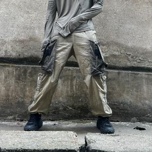 Calças Masculinas Gradiente Desgastado Parecendo Lavado Resíduos Estilo de Solo Funcional Grande Bolso Perna Modelando Macacão Casual