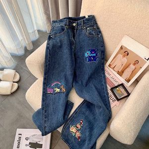 Jeans femininos japão estilo solto urso bordado mulheres cintura alta vintage denim calças tornozelo comprimento baggy perna larga calças chiques y2k