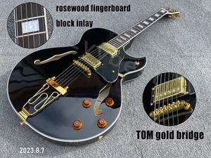 Hollow Body Jazz Electric Guitar Solid Black HH Gold Cover Pickups Bridge Direclty Установка на кузов с длинным хвостом Золотые части розовое дерево.