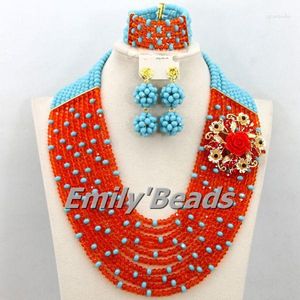 Halskette Ohrringe Set Modische Afrikanische Perlen Schmuck 10 Reihen Blau Orange Kristall Nigerian Hochzeit Braut AMJ593