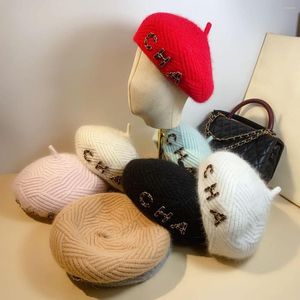 Berets outono e inverno cabelo de malha carta cha bud chapéu feminino japonês octogonal artista britânico jovem boina