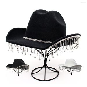 Boinas Fluorescente Colorido Borla Mulheres Cowboy Chapéu Strass Fringe Preto Ocidental Cowgirl Chapéus Noiva Cristal Sólido Vestido de Festa