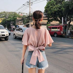 Kvinnors blusar 2023 Summer Short Sleeve Blue Women Crop Tops Elegant Back Bow Bandage Shirt damer Backless Kawaii Beach Cute Blusas