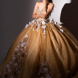 Ouro brilhante doce 16 quinceanera vestido fora do ombro appliqued flor vestido de baile borboleta princesa festa aniversário vestido vestidos de