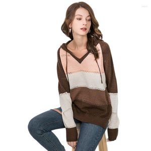 Damenpullover Herbst Frauen Patchwork Hoodies Langarm V-Ausschnitt gestrickte Kapuzenpullover weibliche beiläufige lose gestreifte Pullover Tops