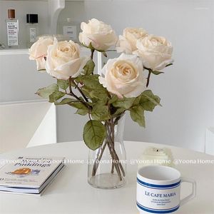 Decorative Flowers Vintage Artificial Burnt Edge Roses Fake White Rose Silk With Stem Floral Gift For Wedding Arrangement Party Home Decor