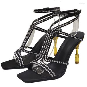 Sandały damskie letnie moda kryształ satynowy sandałowy buty z wysokim metalowym sztyletem sztyflem otwartym kwadratowym palec kostki