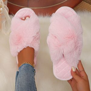 Slippers Lucyever Womens Fluffy Fur Winter Open Toe Home Warm Woman Cross Strap Soft Furry Flats Slides Ladies 230831