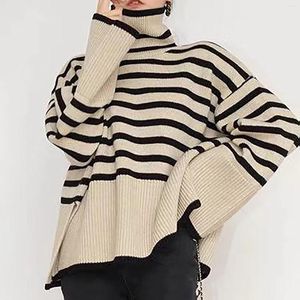 Kobiety swetry jesień 2023 Turtleeck modny żebrowany dzianinowy sweter z krawędziami w tunikach slit damskich letnich topów dla juniorów