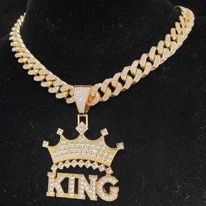 Naszyjniki wiszące mężczyźni kobiety Hip Hop Korona z King Naszyjnikiem 13 mm łańcuch kubański Hiphop lodowany bling moda biżuteria 230613