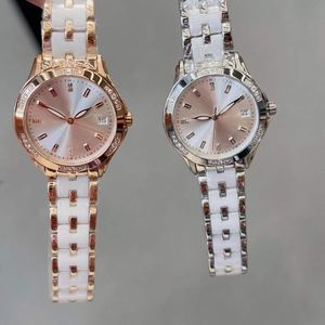 Moda feminina zircão calendário de quartzo relógio número geométrico relógio de aço inoxidável pulseira de cerâmica relógio de pulso relógios de vidro de safira mostrador de diamante de gelo 35mm