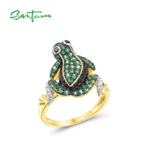 Eheringe SANTUZZA Echter 925 Sterling Silber Ring für Frauen Grün Schwarz Spinell Weiß CZ Frosch Tier Zarte Geschenke Feiner Schmuck 230830