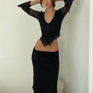 Two Piece Dress Tawnie Y2K Mesh kjol 2 stycken Set 2023 Summer Casual V Neck Long Sleeve Crop Top Bodycon Maxi Matching Outfit 230830
