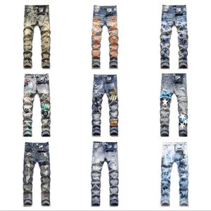 Mens Jeans High Street långärmad lila jeans för herrbroderi byxor rippade lapp hål denim rak mode247r