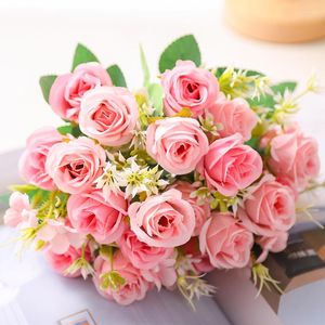 Flores decorativas 3 pçs 10 cabeças rosa falsa artificial rosas buquês de flores para casa casamento natal artesanato vaso decoração de festa