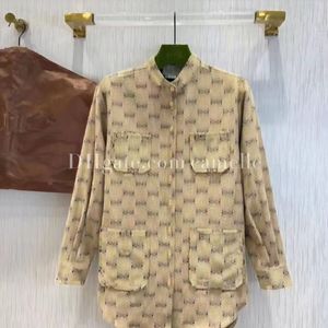 Shirt Jacket Classic Logo Jacquard Pocket Lapel Long Sleeves Jackets Single Row Button Belt Corset Waist Design Medium Length Outerwear Jackets For Women Casual