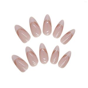 False Nails Nude Color Glossy Gold Edge Nail Full Coverage Almond Reusable Artificial For Salon Expert And Naive Women