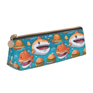 Pencil Bags Shark Hamburger Triangle Pencil Case sky cactus Retro Zipper Pencil Box Teens School Leather Pen Bags HKD230831