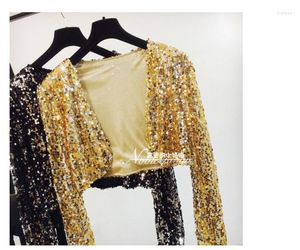 Kvinnorjackor 2023 Kvinnor Shinny Bling Party Club Dancing Performance Long Sleeve Paillette PEBSIDE KORT CLOP CROP TOP CASACOS