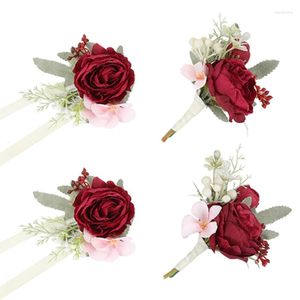 装飾的な花Peony Boutonniere and Plist Corsage Set Groomsmen Bridesmaid人工結婚式