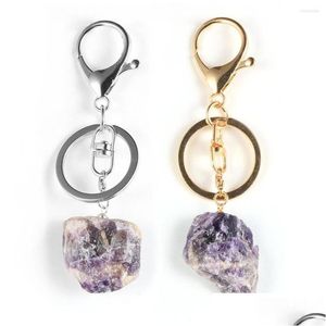 Keychains Lanyards Original Amethysts Crystal Pendant Key Chain Ring Car Keychain Holder Women Girls Boho Natural Stone Jewelry Drop Dhqpc