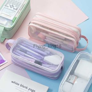 Blyertspäskor Angoo Stora rutnät Mesh Pencil Case 2 Fack Pen Bag Clear Handheld Storage Pouch Transparent Makeup A7458 HKD230831