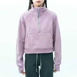 Yoga Outfits LUs Women Fitness Hoodies Runing Jacket Ladies Sport Half Zipper Sweatshirt thick Loose Short Style Coat With Fleece Thumb Sportwear