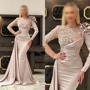 Elegant O Neck Evening Dresses Fashion Sheer Sleeve Applique Mermaid Prom Dress Glitter paljetter Satin Custom Made Chic Formal