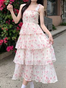 Summer Print France Vintage Midi Dres Beach Party Elegant Strap Dress Female Korean Style High Waist Fairy New 230808