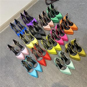 Sandals Sexy Pointed Toe Women's Thick High-heel Platform Pumps Satin Rhinestone Candy Color Heels Ankle Strap Ladies Shoes