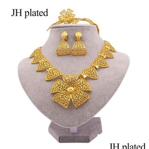 Jewelry Settings Sets 24K Dubai Gold Color For Women Necklace Earrings Bracelet Ring African Bridal Gifts Collares Jewellery Set 201 D Dhrso