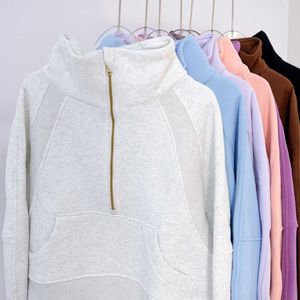 Lu lu yoga ceket ceket kapüşonlu kadın tüplü yarım fermuarlı poover pleece standı kaba mahsul sweatshirt cepli başparmak deliği kış kıyafetleri kazak limon