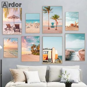 Palm Tree Beach Canvas Malowanie desek surfingowych plakat morski plakaty rozgwiazdy rozgwiazdy sztuki sztuki nadruki nordyckie ścienne zdjęcia do salonu sypialnia wystrój domu bez ramy WO6