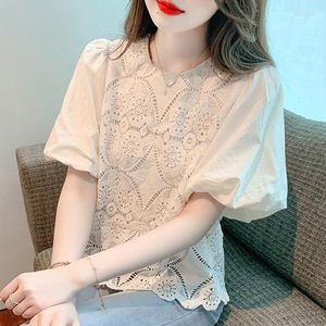 Blusas femininas elegantes moda coreana oco crochê camisa verão manga curta blusa de renda feminina casual solto topos blusas mujer