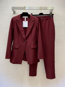 2023 Sonbahar Şarap Kırmızı Düz ​​Renk İki Parçalı Pantolon Setleri Uzun Kollu Çentikli-Lapel Tek düğmeli Blazers Üst Uzun Kalem Pantolon Takım Set 2 Parça Takım